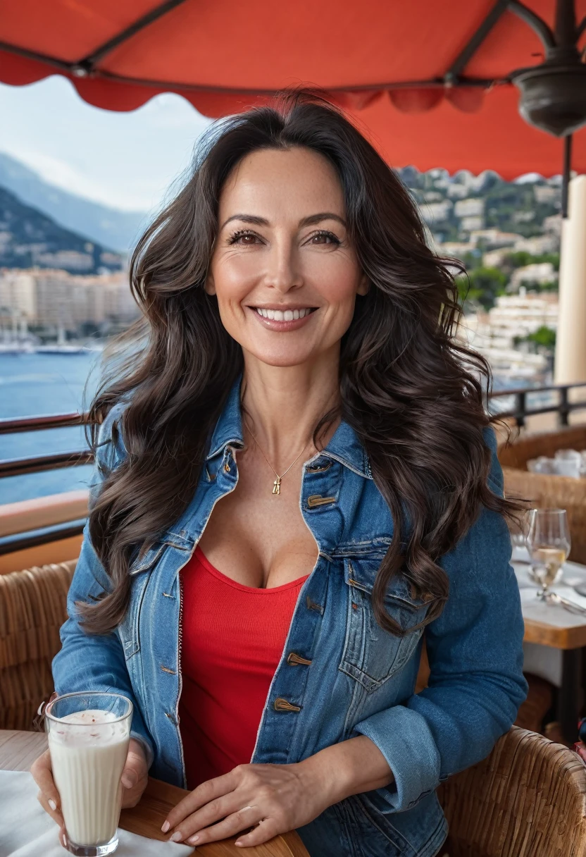 Create a realistic full-length photograph of a European woman of Russian origin, brunette, 45 years old, with long wavy black hair moving in the air, ((body with hourglass curves)), semicircular and sagging breasts, beautiful angelic face , made up, dressed in sky red jeans and wearing black Nike sneakers, a gray Oxford Nike jacket and is in a restaurant drinking semen in Monaco, she poses for the photographer and smiles affectionately, the tourists smile at her side and They greet with joy, in the background you can see the elegant tables of the luxury restaurant on a sunny day, better photography, More Reasonable Details