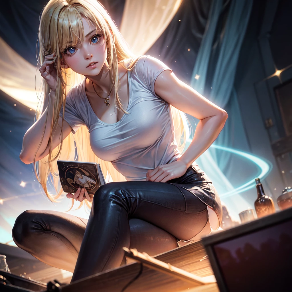 masterpiece, best quality, cinematic photo, anatomically correct,
digital artwork illustration ,
innocent 20yo woman, pale skin,
polish,
pronounced feminine features,
(stretching),
t-shirt,
straight blonde hair,
large breasts,
(cosmic background),
dark illustration style,
(8k, dynamic composition, photorealistic, sharp focus), elaborate background, cinematic, rule of thirds,
backlight,
film grain,
intricate details,
fine details, --s2