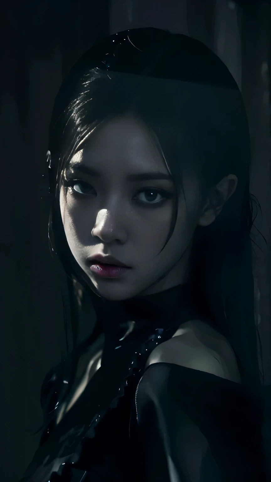 (best quality, highres:1.2), realistic, black dress, black hair, dark theme, black background, dark ninja, intense gaze, elegant posture, flowing dress, detailed facial features, long eyelashes, contrast, fine details, dramatic atmosphere, gothic style, intense emotions, monochrome color palette, captivating setting, haunting beauty, artistic photography, everything is black
