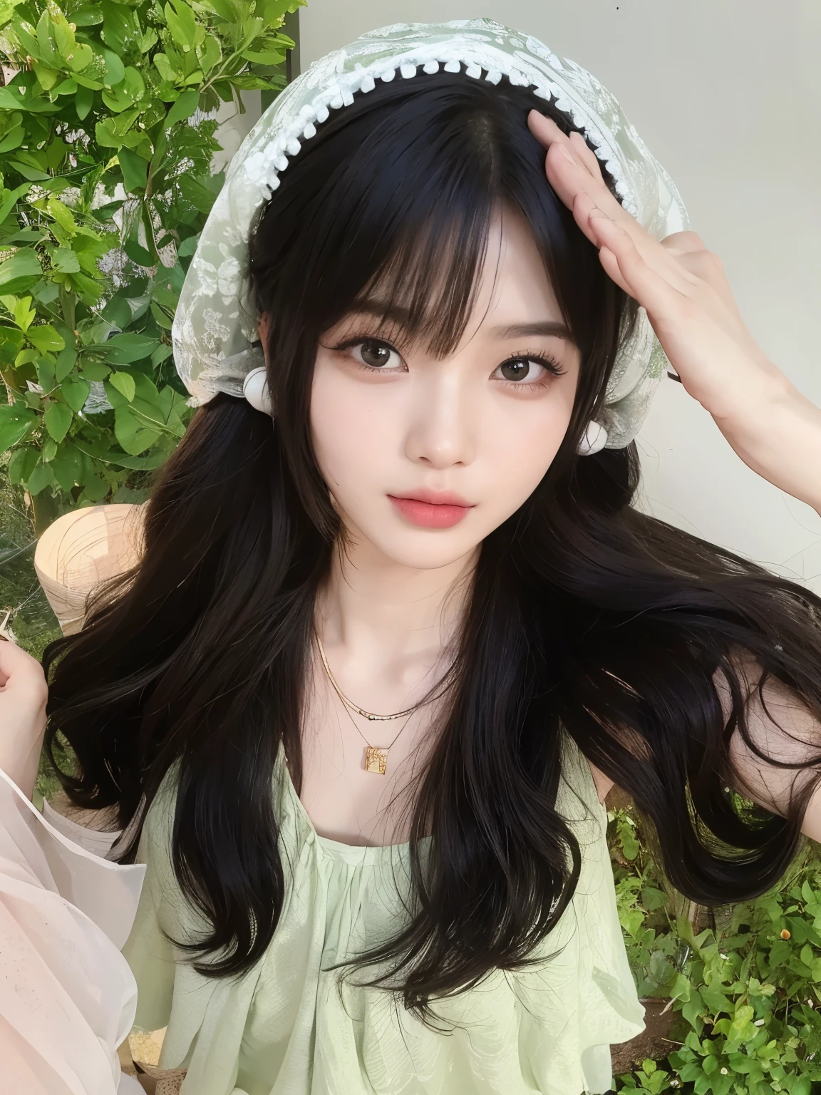 masterpiece,Best quality,Wearing a green skirt,一头黑茶色Long curly hair的女孩,Long curly hair,Flowing long hair,Bangs,Wearing a headscarf,Sweet girl,Exquisite facial features,20 years old,Chinese Girl,
