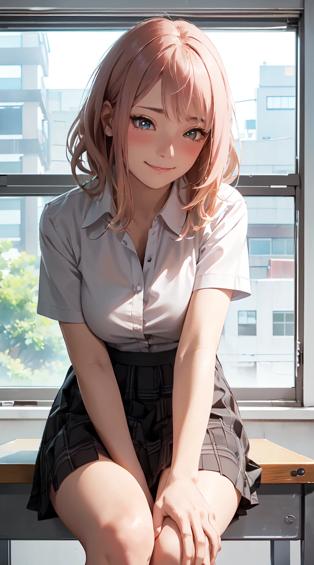 ((table top, highest quality, High resolution, nffsw, perfect pixel, 4k, nffsw, nffsw))), 1 girl, single, alone, beautiful woman、I could see the whole body、 ((short wavy hair, bangs, brown hair)), ((brown eyes, beautiful eyelashes, realistic eyes)), ((detailed face, blush:1.2)), ((smooth texture:0.75, realistic texture:0.65, realistic:1.1, Anime CG style)), medium breasts, dynamic angle, perfect body, ((school uniform, white shirt, black skirt, unbuttoned shirt、plaid skirt、white socks)), classroom without people、sit at desk、..、evening、、、Very embarrassing panic smile、(lift the skirt with your right hand、open your legs、open your knees wide、puusy show, pussy line, pussy)、、(pink lace bra)、angle from below,
