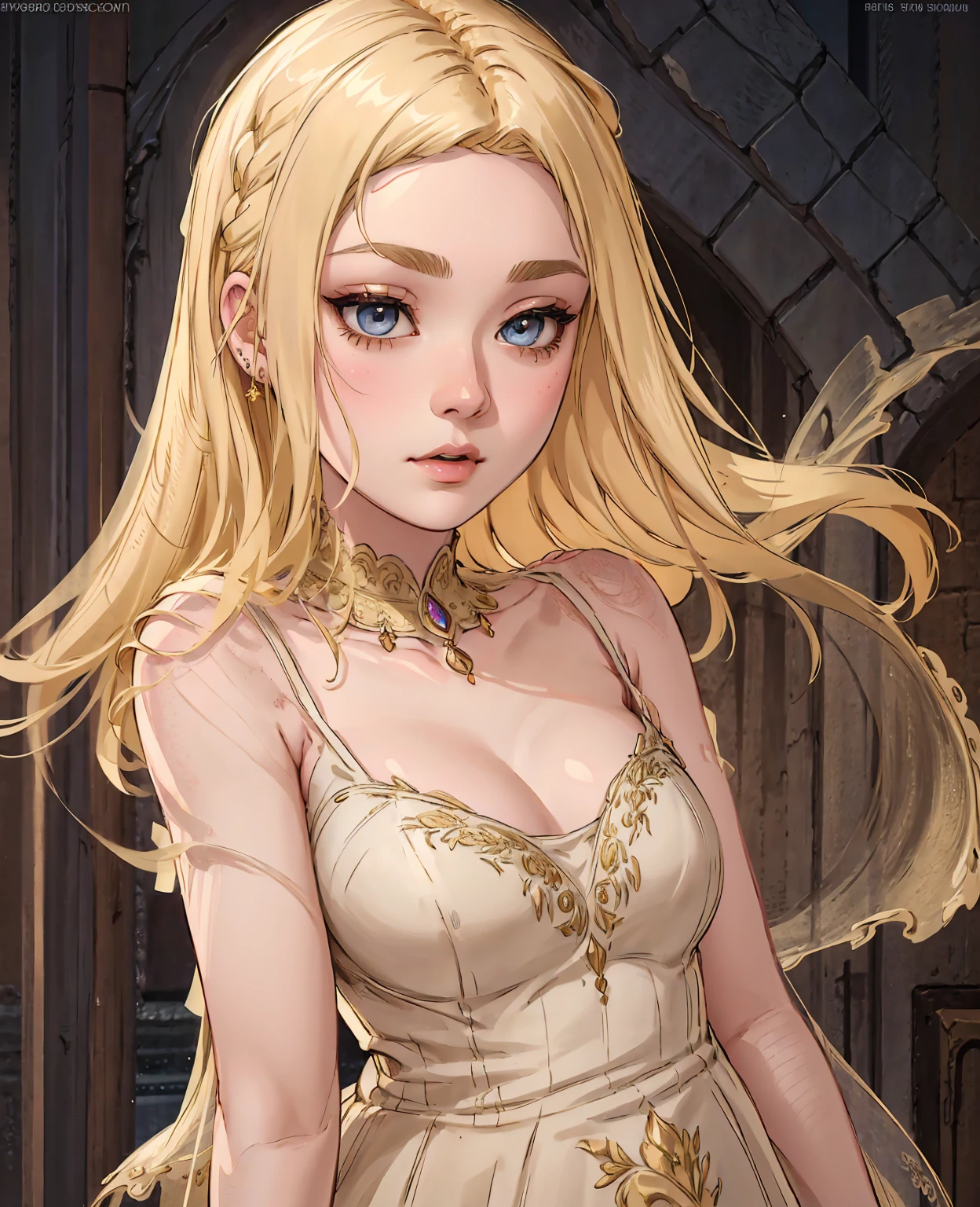 a beautiful highly detailed portrait of dakota fanning, extremely detailed eyes and face, long eyelashes, perfect skin, elegant expression, detailed jewelry, flowing blonde hair, elegant dress, photorealistic, 8k, high quality, hyperrealistic, cinematic lighting, warm color palette