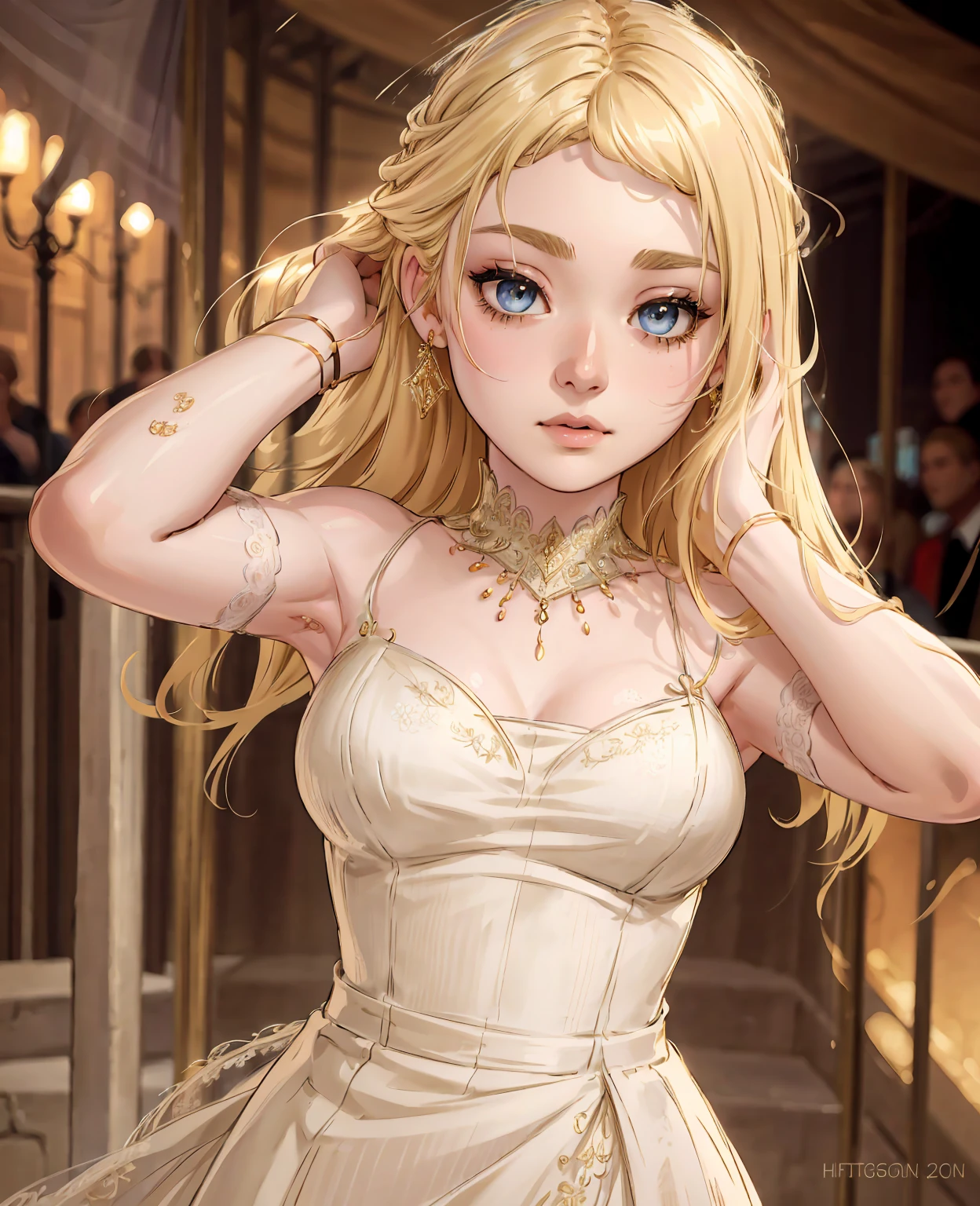 a beautiful highly detailed portrait of dakota fanning, extremely detailed eyes and face, long eyelashes, perfect skin, elegant expression, detailed jewelry, flowing blonde hair, elegant dress, photorealistic, 8k, high quality, hyperrealistic, cinematic lighting, warm color palette