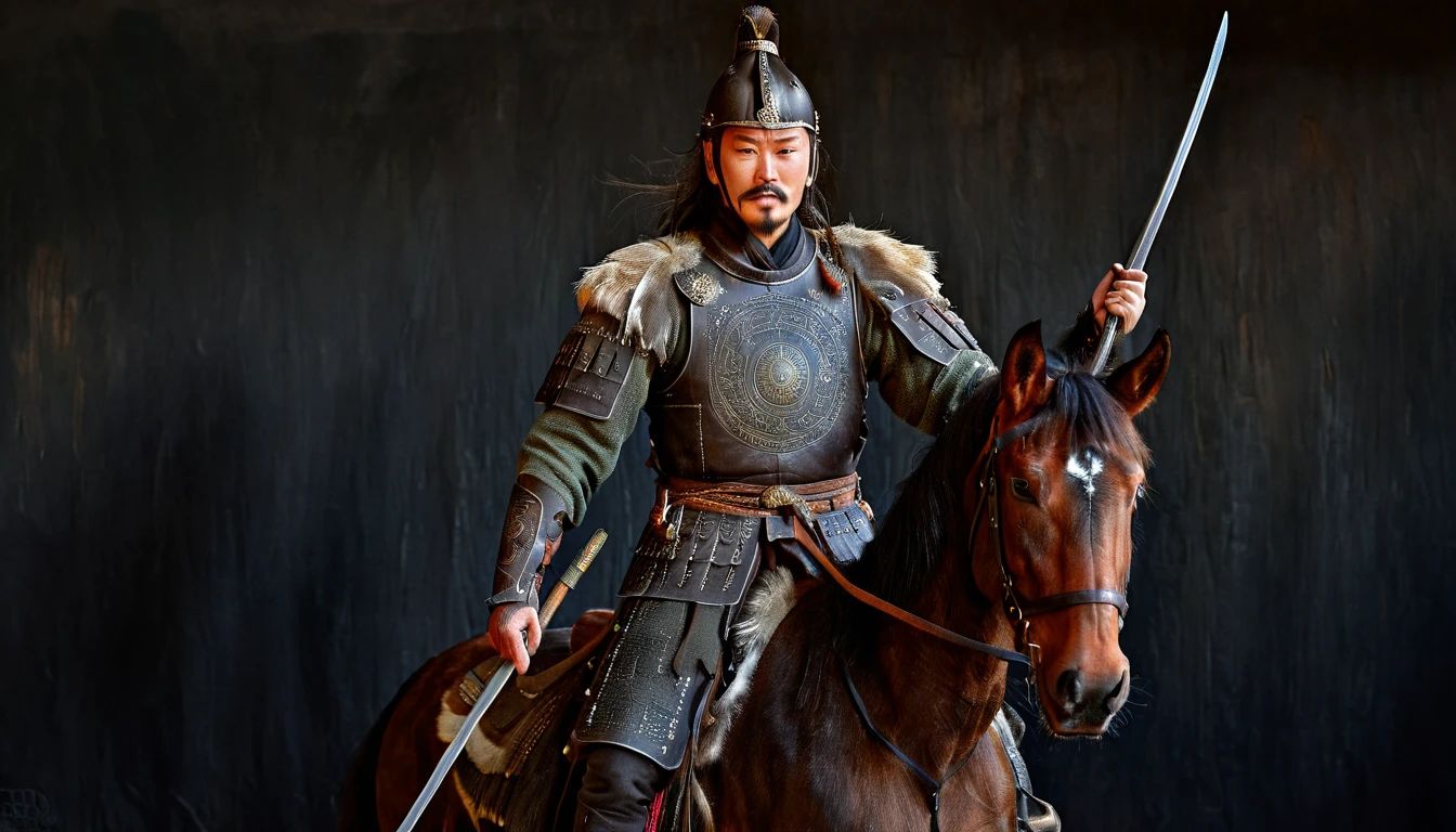 General Kraus, Wearing leather armor、Brown leather protective gear,Holding a Mongolian scimitar, Highly detailed characters, Mongolian man with high cheekbones,Clear and refined face,Mongolian Cavalry,The generals of the Ming Dynasty had white tassels or feathers on their helmets,Norse epic hero, Muscular man with war god tattoo, Riding on horseback, Portrait photography style,Light, (Extremely detailed CG 8k wallpaper), The most beautiful works of art in the world - full body photos, original皮甲, Mongolian small shield,Human Portrait, hunter, Animal hides,brutal,original, macho man, Ed Blinkey (Ed Blinkey) Magnificent professional oil paintings created, Artie Guerlain, Studio Ghibli, Courtesy of Jeremy Mann, Greg Manches, Antonio Moro, Art Station Trends, Social Trends, Wheels within wheels, High Detail, sharp focus, Dramatic and realistic art by Midjourney and Greg Rutkowski, Horse has armor,Charge and Slash