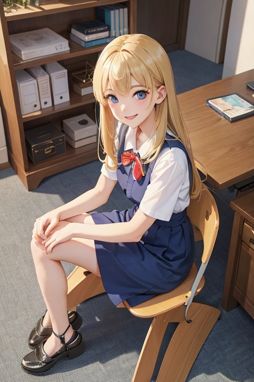 Highest quality、masterpiece、High sensitivity、High resolution、Detailed Description、One person、Slender women、Slim Body、Sit on a chair facing forward、smile、From an angle from your feet、office