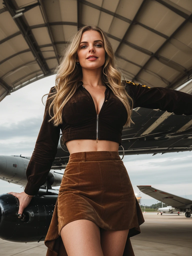 solo, photorealistic, wide shot, best quality, hyper detailed, 25 years old Circasssian woman, mature-looking face, boobies, high detailed deep wrinkles, beauty mark, intricate, (((long wavy blonde hair))), Circassian facial features, (((she stood seductively at the edge of the hangar, surrounded by the scent of aviation fuel and the echoes of distant engines. The vast space stretched out before her, filled with the hum of activity and the occasional clang of tools. The hangar doors were wide open, revealing a panorama of clear skies beyond. Her gaze was fixed on the sleek, silver aircraft parked in the center. Its wings gleamed under the fluorescent lights, and the cockpit windows reflected the hues of the setting sun. Her hand rested lightly on the cold metal of the hangar wall, feeling the vibrations of a nearby aircraft starting up.))), (((she is wearing a color brown corduroy jump skirt that perfectly blended comfort with style. The deep brown color of the skirt complemented the summer vibes of the day, offering a fresh take on a classic fabric))), (((dynamic pose))), she is looking at the camera smiling, (((dynamic pose))), cleavage