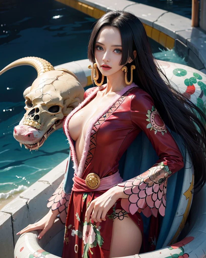 (((masutepiece+Best Quality+High resolution+Ultra-detailed))), Boa Hancock, snake_skull, long silky black hair, High Nose, Sharp eyes, noble and inviolable temperament, (([Female]: 1.2 + [Beauty]: 1.2 + Black Long Hair: 1.2)), snake_Skull background, Bright eyes, dynamic angle and posture, her kingdom throne background