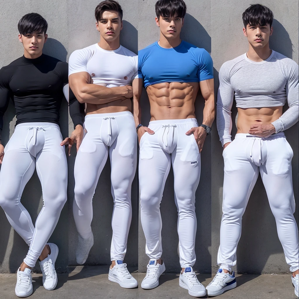  5 Men in tight transparent pants and a bulge is visible through the pants 