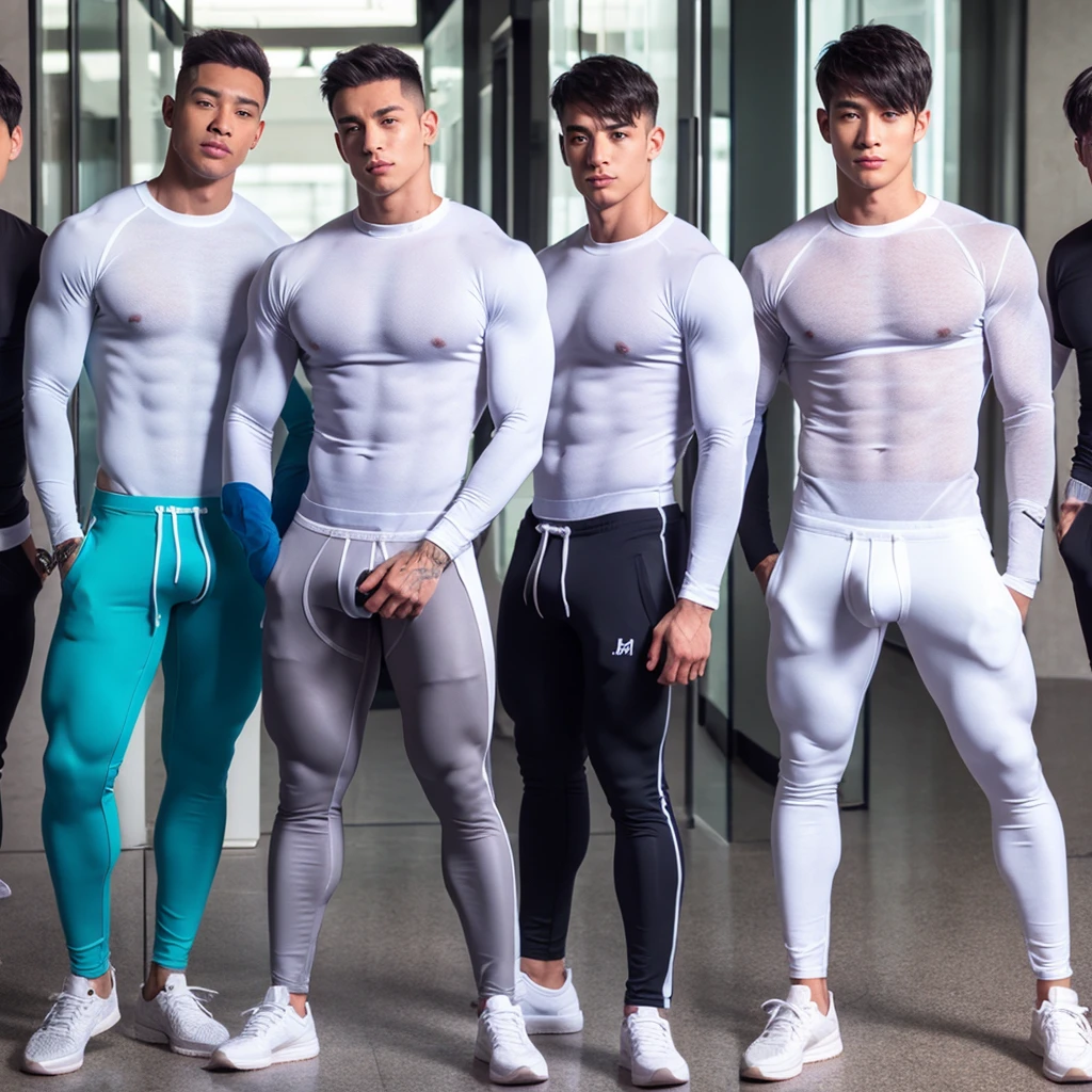 5 Men in tight transparent pants and a bulge is visible through the pants