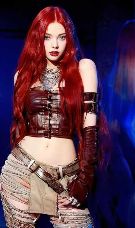 a close up of a woman With red hair wearing a leather outfit blue eyes, with long red hair, waist-length red hair, young beautiful amaranth, erza scarlet as a real person, amaranth, With red hair, she has long orange hair, redhead goddess, Anya Taylor - Vampire Queen Joy, cybergoth, Ava Max, Lilith