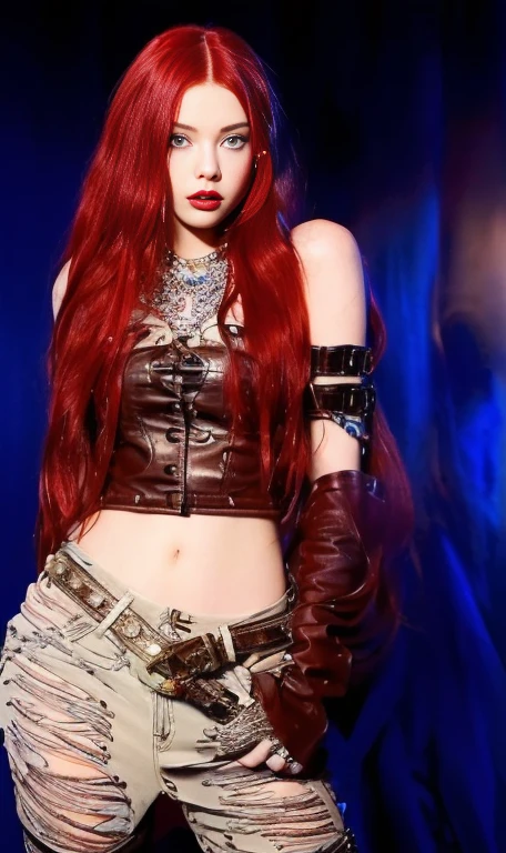 a close up of a woman With red hair wearing a leather outfit blue eyes, with long red hair, waist-length red hair, young beautiful amaranth, erza scarlet as a real person, amaranth, With red hair, she has long orange hair, redhead goddess, Anya Taylor - Vampire Queen Joy, cybergoth, Ava Max, Lilith