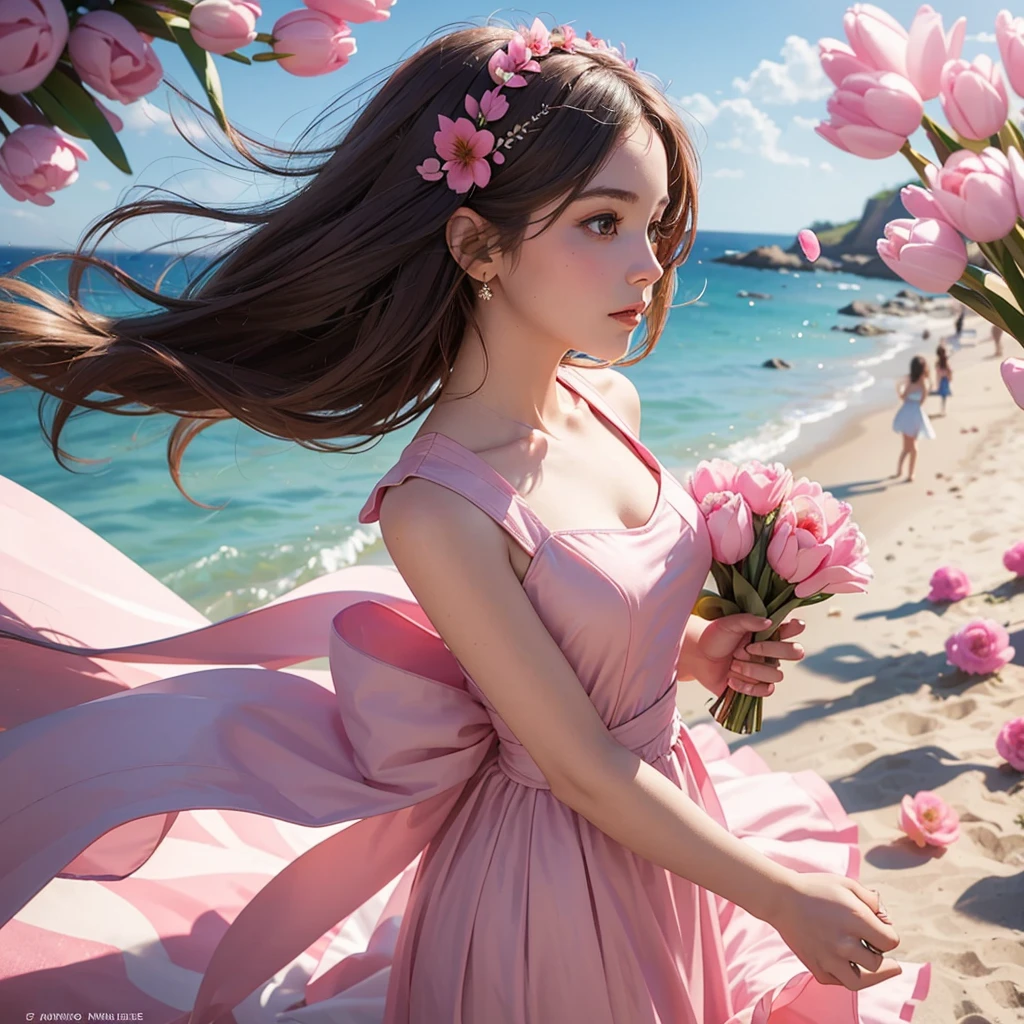 Create a profile picture of a Young Women wearing a pink beach dress she is holding a pink tulips with her both hands and her hair is brown and the background is beach theme wedding she is a bridesmaid