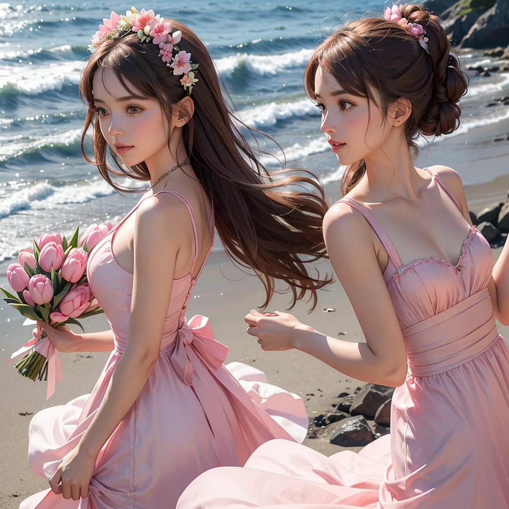 Create a profile picture of a Young Women wearing a pink beach dress she is holding a pink tulips with her both hands and her hair is brown and the background is beach theme wedding she is a bridesmaid