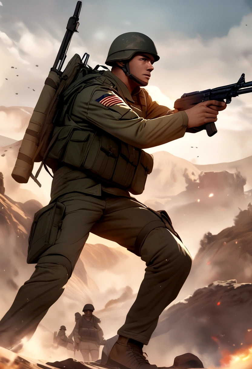 samdoesarts; an image of man with military gear, cargo pants, (intricate), (detailed), digital art, dynamic pose, in a battlefield