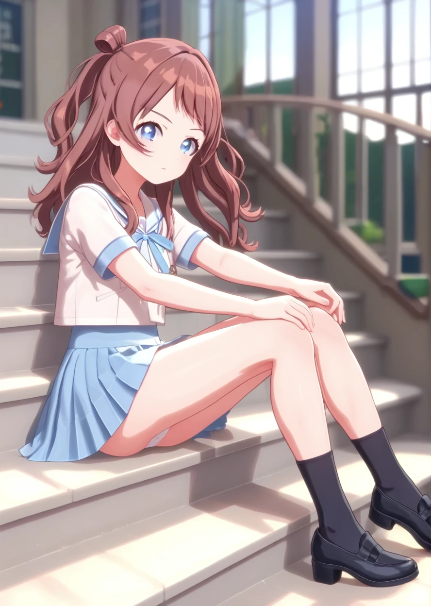 (masterpiece),(best quality),1girl,solo,teen,delicate beautiful face,long hair,(white sailor suit),short sleeve,(navy blue mini skirt),white panties,bare_legs,sitting,from side,school stairs, (morning),BREAK black socks,black shoes,