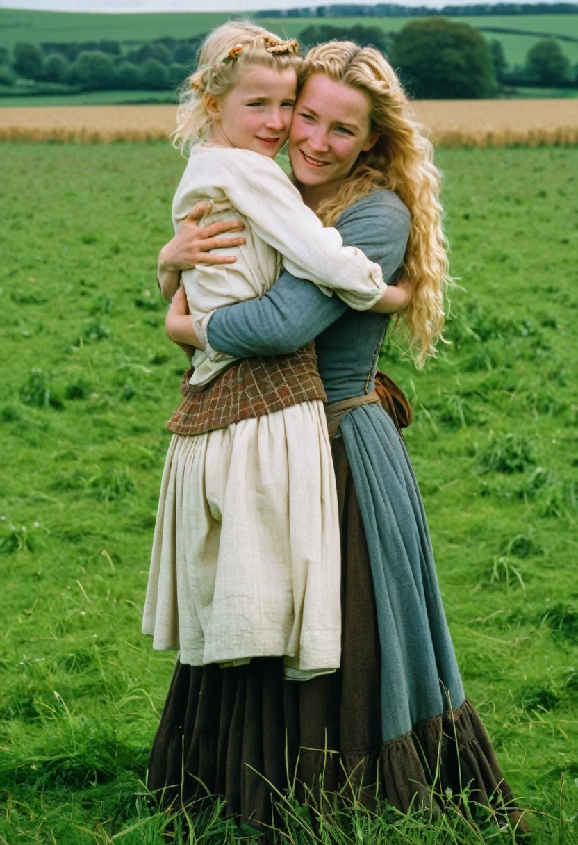 England, 1349. A young ((((30-year-old)) Gwenda)), strong, rustic, in a farm field, ((((hugging her -yeld dater tight)))), ((scared and relieved expression)). ((((clothings from the 1340s)))), ((blond hairstyle of the 1340s))
