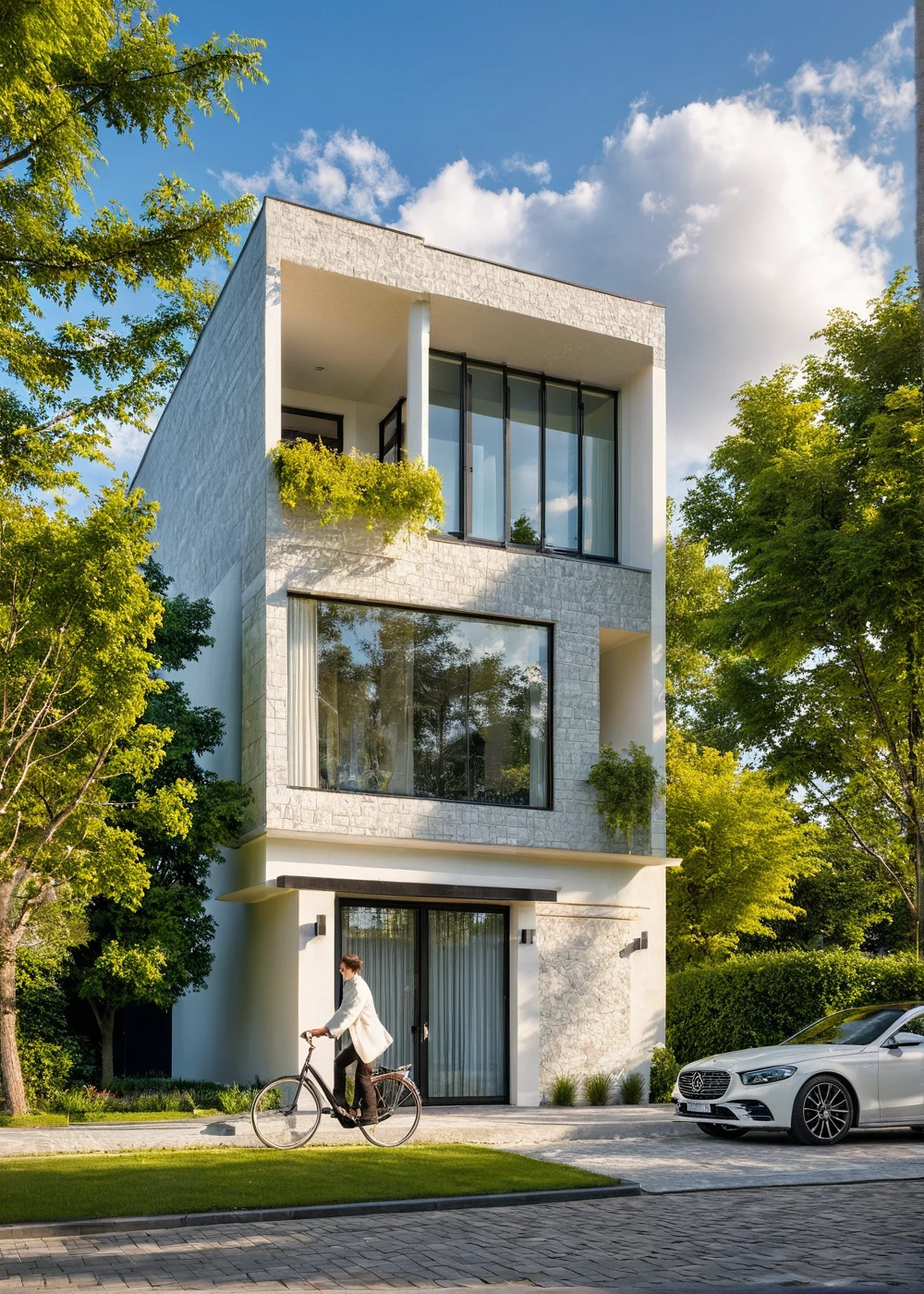Masterpiece, high quality, best quality, authentic, super detail, outdoors, onestoreyvillaXL, aiaigroup, house style modern on the street ,stairs, white wall ,road,pavement, grass, trees, sky, cloud, (daylight:1.1)
