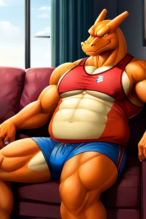 An old and strong pokemon Charizard in muscular furry version with sports clothes sitting on a sofa, wearing a red cap that covers his eyes 
