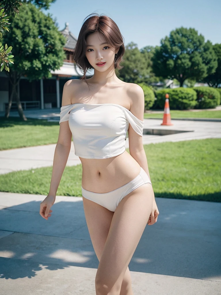 A very beautiful girl, short hair,White top,reality,Realistic,photo,Japan-Korea,model, HD CG,8k wallpaper, Fair and shiny skin, Skin texture is super delicate and delicate,Ultra HD, Digital SLR camera shooting, in the soft sunshine, high quality, Professional photographer outdoor shooting,emphasize, Off-shoulder,toothless smile, The background is simple and blurry,Plain makeup,Makeup,Dewy and plump lips,Slender limbs,slim body,Concave and convex body curves,