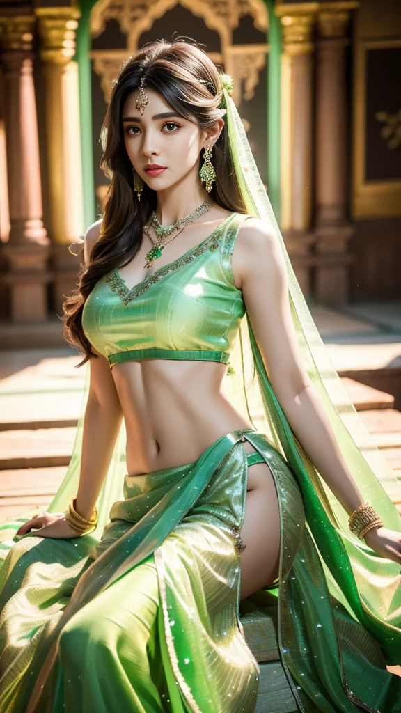 4K, UHD, masterpeice, 1 girl, good face, detailed eyes, detailed lips, very long hair, straight hair, very long hair, beautiful hair, hair ornaments, hairband, gradient hair, ((green lehenga)), ((bridal lehenga)), ((decorated blouse)), sardine, ((ornament lehenga)), ((green lace)), ((diamond bracelet)), ((pendant)), ornaments, necklace, earring, high lighting, ((bare stomach)), ((in the wedding stage)), green color, depth of field, ray tracing, ultra realistic detailed, sitting,