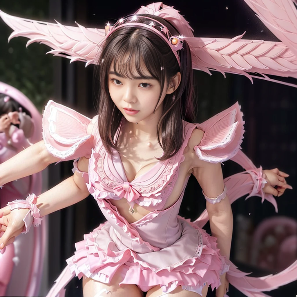 Highest quality, masterpiece, Very detailed, 8K,  beautiful Japanese woman:1.5, Small face, blunt bangs, Black hair ponytail, ((Woman crucified on the cross:1.5, Breast Augmentation Surgery)), (Detailed pink magical girl heroine costume:1.5), remote_play, remote_Vibrate、　(climax:1.5)、　remoteプレイ