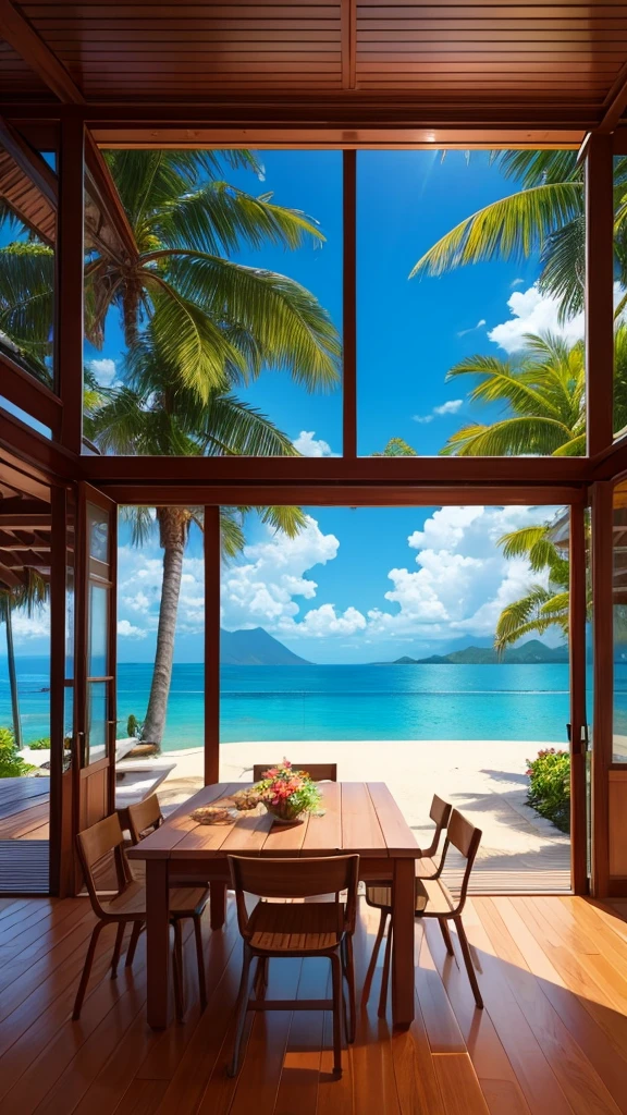 (masterpiece,Highest quality:8K) There is a wooden deck with a table and chairs overlooking the sea., Digital rendering by Leo Getz, Trending on pexels, Fine art, Tropical regions, paradise in the background, beautiful place, View, Snapchat Photos, Close to real nature, In a beautiful background, Vibrant atmosphere, beautful View, 素晴らしいmasterpiece, stunning screenshot