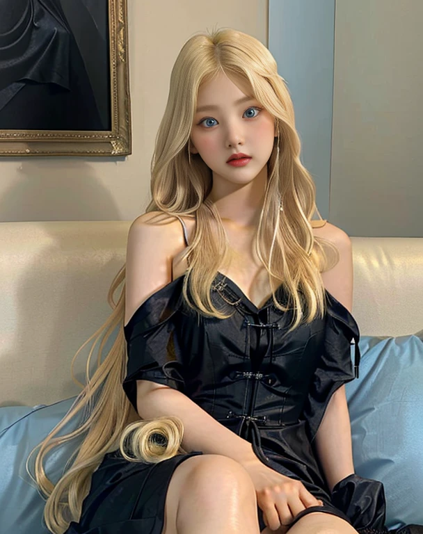 woman in a black dress sitting on a sofa with light blue eyes, korean girl, with long blonde hair Beautiful young Korean woman, jaeyeon nam, ulzzang, heonhwa choe, beautiful south korean woman, A girl with blonde hair, long blonde hair and big eyes, long blonde hair and big eyes, roseanne park by blackpink, kim taejin