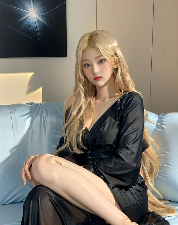 woman in a black dress sitting on a sofa with light blue eyes, korean girl, with long blonde hair Beautiful young Korean woman, jaeyeon nam, ulzzang, heonhwa choe, beautiful south korean woman, A girl with blonde hair, long blonde hair and big eyes, long blonde hair and big eyes, roseanne park by blackpink, kim taejin