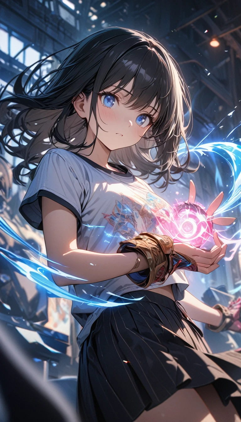 Young girl, black hair, blue eyes, shirt, short sleeves, skirt, magic around, one magic gauntlet, Masterpiece, best quality, Full HD, 8k, ultra details, great graphic