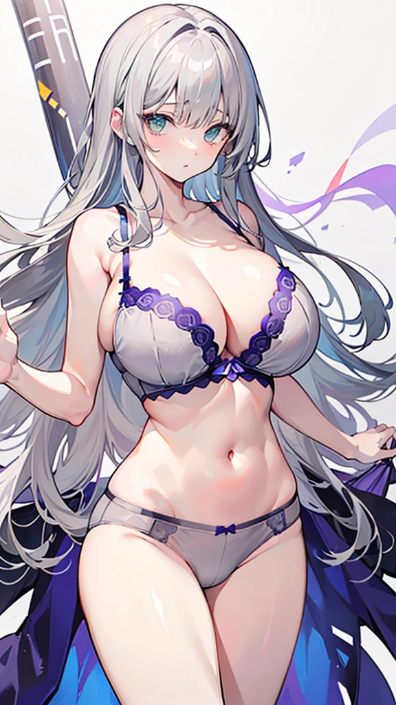 Very cute sister，(Large Breasts:2)，Card issuance，Perfect body，(Long purple-gray hair)，(Blue-green eyes)，High Detail，high quality(Light grey underwear:1.5)，(Navel:1.5)，(Exposing breasts:1)，(Light grey underwear裤)，Shy，(Big Ass:1)