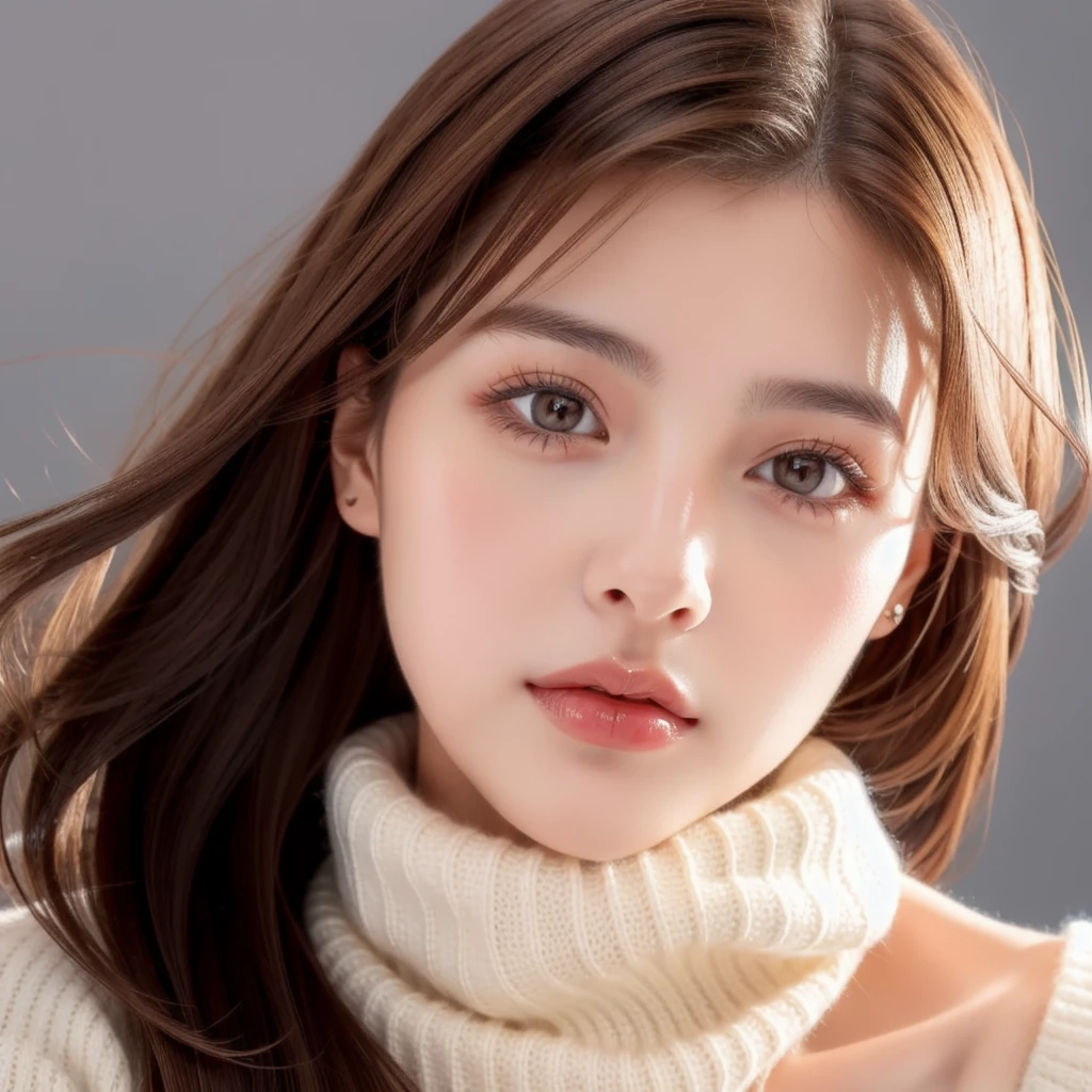 Girl, long soft brown hair, gray eyes, sharp features, white skin, smooth and delicate, cherry lips, sweater.