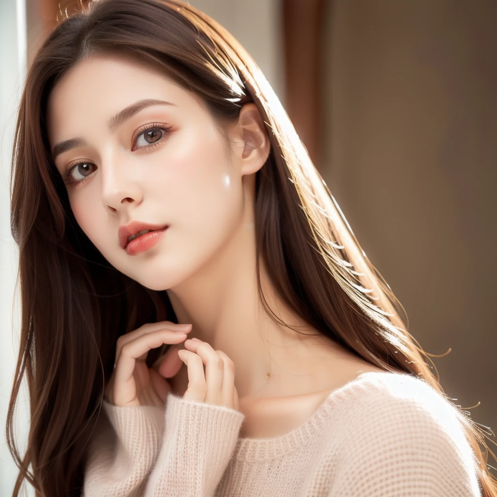 Girl, long soft brown hair, gray eyes, sharp features, white skin, smooth and delicate, cherry lips, sweater.