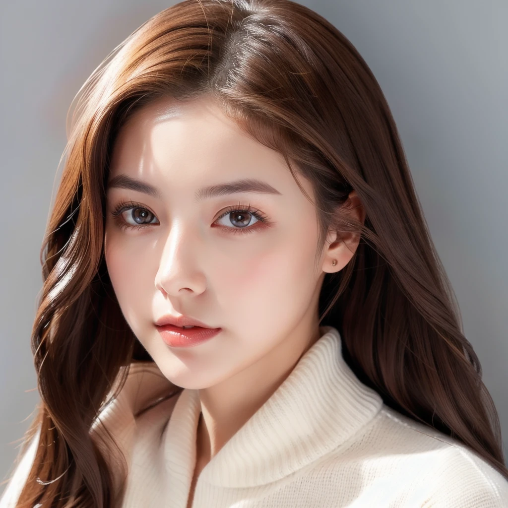 Girl, long soft brown hair, gray eyes, sharp features, white skin, smooth and delicate, cherry lips, sweater.