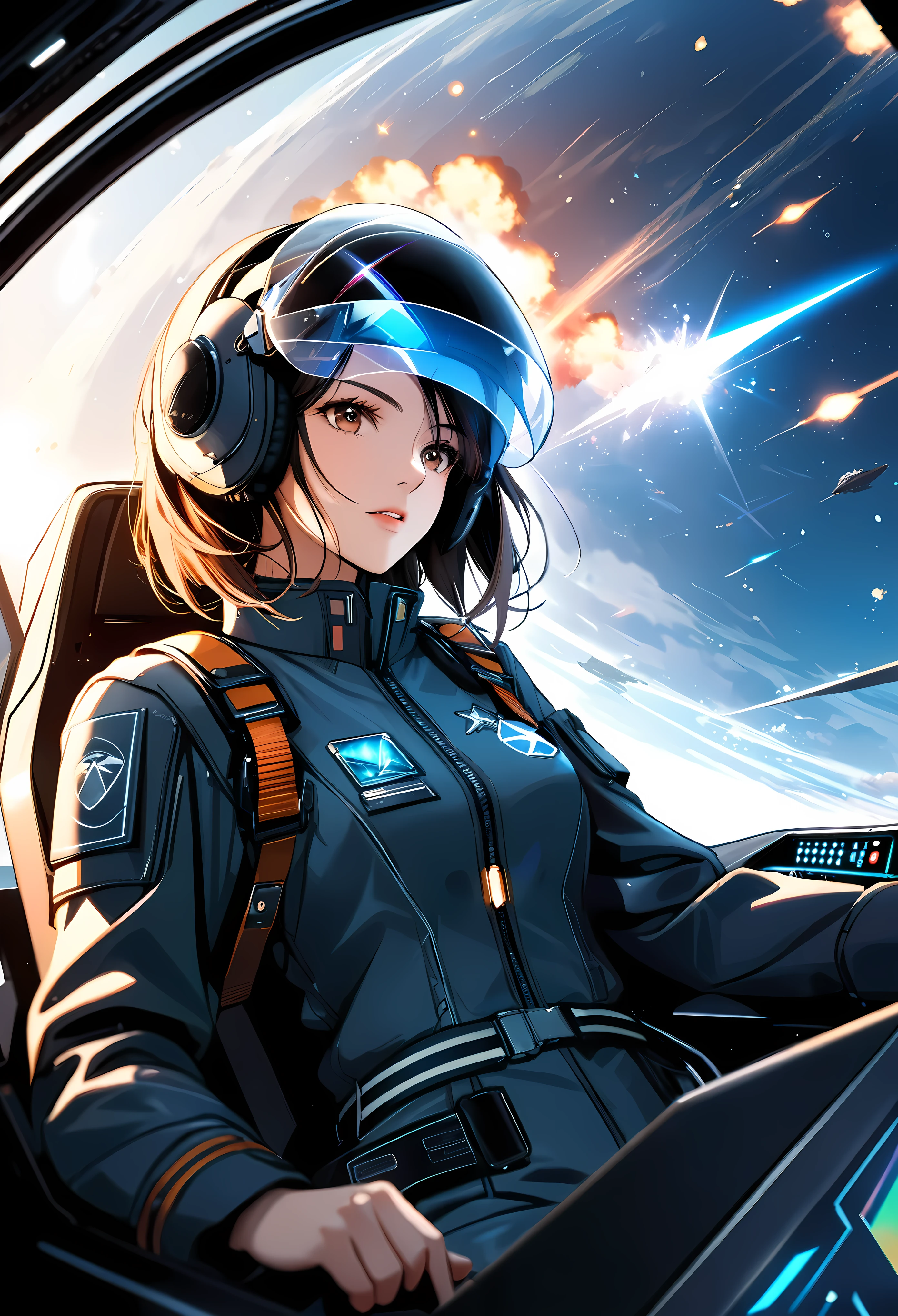 Create a detailed image of a female starfighter pilot in the cockpit of her starfighter, viewed from the front. She is under intense space battle, with explosions and enemy ships visible through the cockpit canopy. The pilot should be wearing a high-tech flight suit, complete with a sleek helmet that has a transparent visor, revealing her focused and determined expression. Her suit should have intricate details, including control interfaces, patches, and futuristic insignia. The cockpit should be filled with advanced controls, glowing holographic displays, and panels with various buttons and switches. The exterior view should show a chaotic space battle, with bright laser beams, explosions, and enemy ships flying in formation. The backdrop of space should be dark with distant stars, creating a high-contrast, dramatic scene. The lighting should emphasize the urgency and intensity of the battle, casting reflections on the pilot's helmet and the cockpit’s interior.