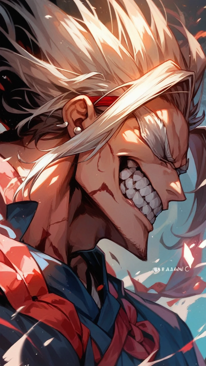 1 boy, 16 yrs old, white blindfold, short white hair, kimono branco, white earrings, red band on forearms, combat stance.