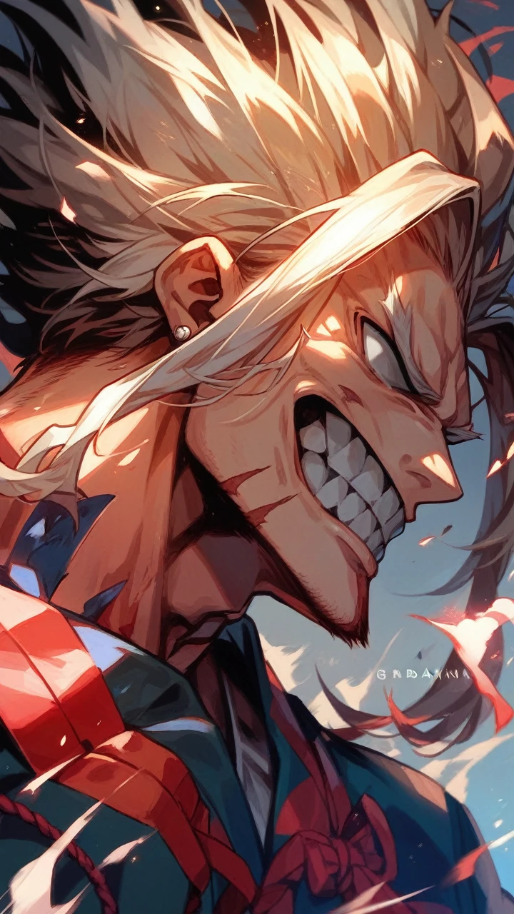 1 boy, 16 yrs old, white blindfold, short white hair, kimono branco, white earrings, red band on forearms, combat stance.