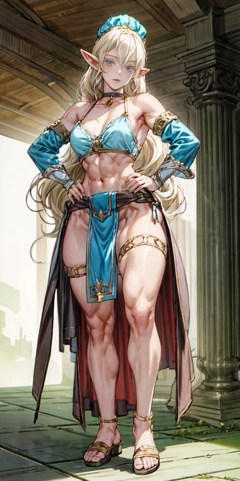 female drow elf blue pale skin full body whole body ologirl loincloth standing warrior proud expression, hands on hips, loincloth standing, hands on hips, metal sandals, leather choker with golden bell bellybutton navel, view from below, feet together