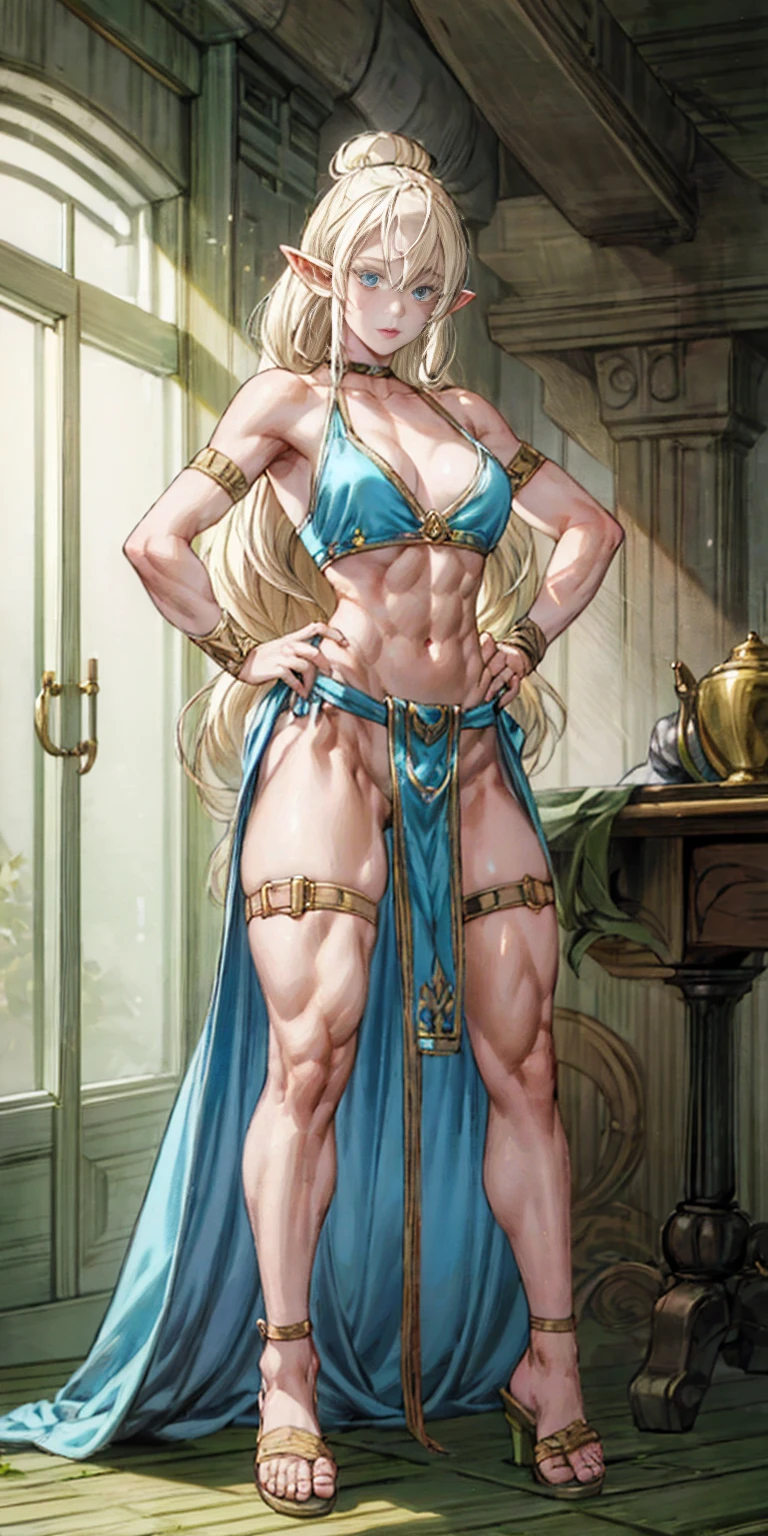 female drow elf blue pale skin full body whole body 1sologirl loincloth standing warrior proud expression, hands on hips, loincloth standing, hands on hips, metal sandals, leather choker with golden bell bellybutton navel, view from below, feet together