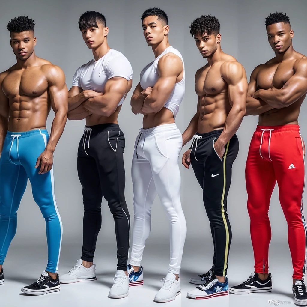 5 Men in tight transparent pants and a bulge is visible through the pants