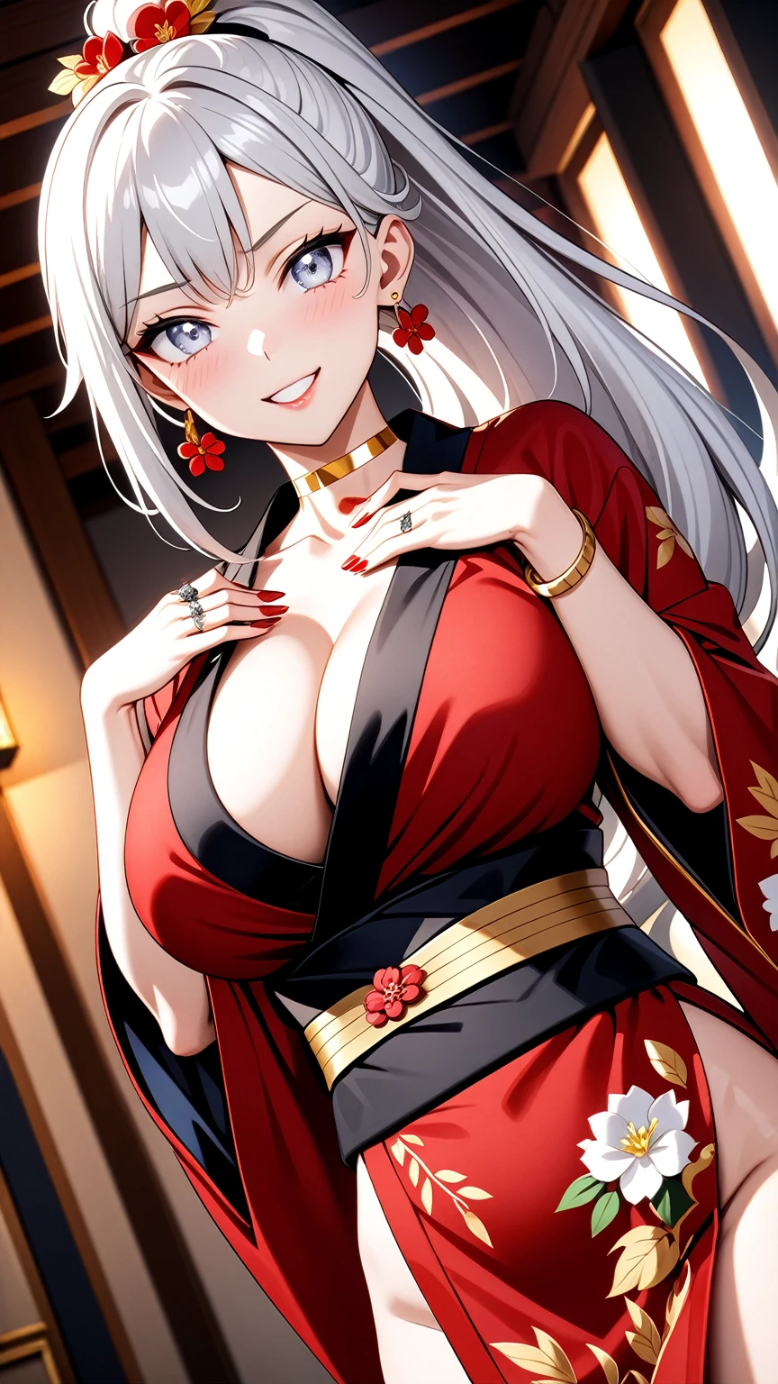 ((One personの女性)), Beautiful Face, (Laughing embarrassedly), (smirk:1.4), ((Wink:1.8)), (head tilt:1.3), Laugh with your mouth wide open, upper teeth, looking at viewer, (Doing sexy poses), ((Bright red cheeks:1.4)), Glossy Red Lips, night,Terrace with sea view, firework, Glossy red lips, Shining Face, ((Anime style background)),masterpiece, Highest quality, so beautiful,up to date, Complex details, (long nails of red color), (nail art), (ring),(bracelet),(Floral choker),AI-generated, Complex,High resolution, Highest quality, super high quality,3D Images、3D Images,One person,Long white hair,High Ponytail, Anime woman posing for a photo, (blue eyes:1.2), ((Fine grain、Light silvery white eyes、Shining Eyes:1.3)), (Squint your eyes:1.1),a hyperRealistic , hyperRealistic , Realistic,Anime woman with long white hair, Smooth anime CG art, (A woman in a colorful kimono with gold embroidery), (Black long sleeve kimono),Red floral pattern,Long flower hair ornament,Earrings,Mature Body,(Big Breasts:1.1),Tall,Abdominal muscles,Tight waist, (face focus:1.2), (dutch angle:1.3),