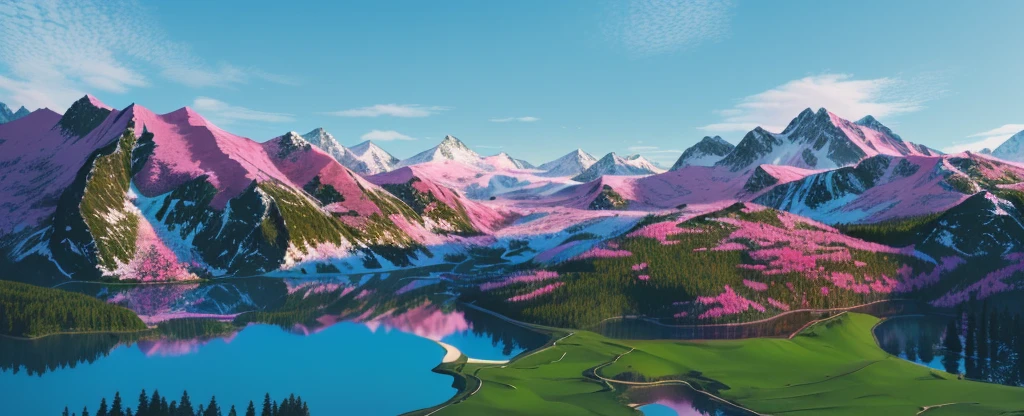 natural scenery,Mountain,Mountain石,Pink Plants,Green plants,Lake,Pink Plants布满Mountain上,Red tree,Extremely detailed,Realistic style