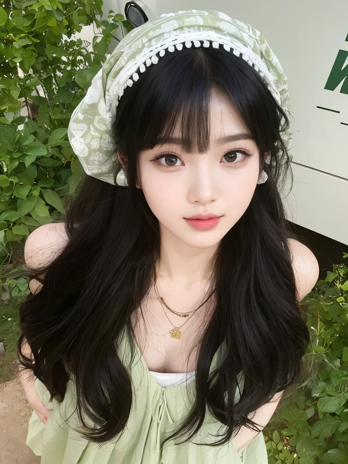 masterpiece,Best quality,Wearing a green skirt,一头黑茶色Long curly hair的女孩,Long curly hair,Flowing long hair,Bangs,Wearing a headscarf,Sweet girl,Exquisite facial features,20 years old,Chinese Girl,