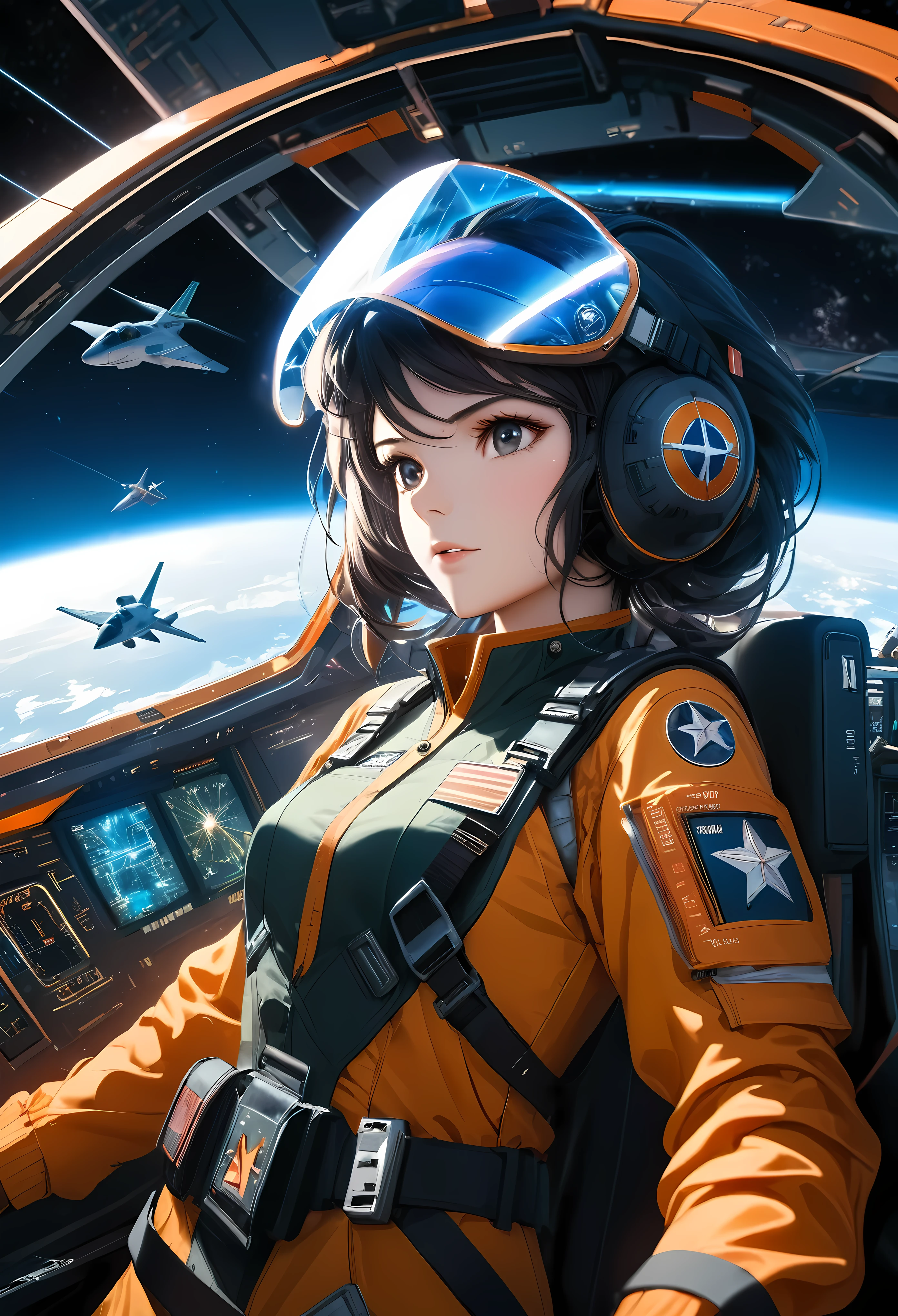 Create a detailed image of a female starfighter pilot in the cockpit of her starfighter, viewed from the front. She is under intense space battle, with explosions and enemy ships visible through the cockpit canopy. The pilot should be wearing a high-tech flight suit, complete with a sleek helmet that has a transparent visor, revealing her focused and determined expression. Her suit should have intricate details, including control interfaces, patches, and futuristic insignia. The cockpit should be filled with advanced controls, glowing holographic displays, and panels with various buttons and switches. The exterior view should show a chaotic space battle, with bright laser beams, explosions, and enemy ships flying in formation. The backdrop of space should be dark with distant stars, creating a high-contrast, dramatic scene. The lighting should emphasize the urgency and intensity of the battle, casting reflections on the pilot's helmet and the cockpit’s interior.