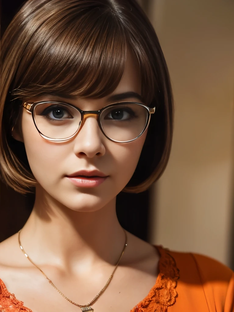 (Masterpiece.uhd. Medium full shot)A stunning gorgeous woman. Age 23. in a 1960s style orange dress, Velma Dinkley, beautiful detailed eyes, beautiful detailed lips, extremely detailed face and expression, long eyelashes, round glasses, short brown hair, curious and intelligent expression, (best quality,4k,8k,highres,masterpiece:1.2),ultra-detailed,(realistic,photorealistic,photo-realistic:1.37),intricate details,vibrant colors,warm lighting,1960s fashion,Mystery Inc. cartoon style