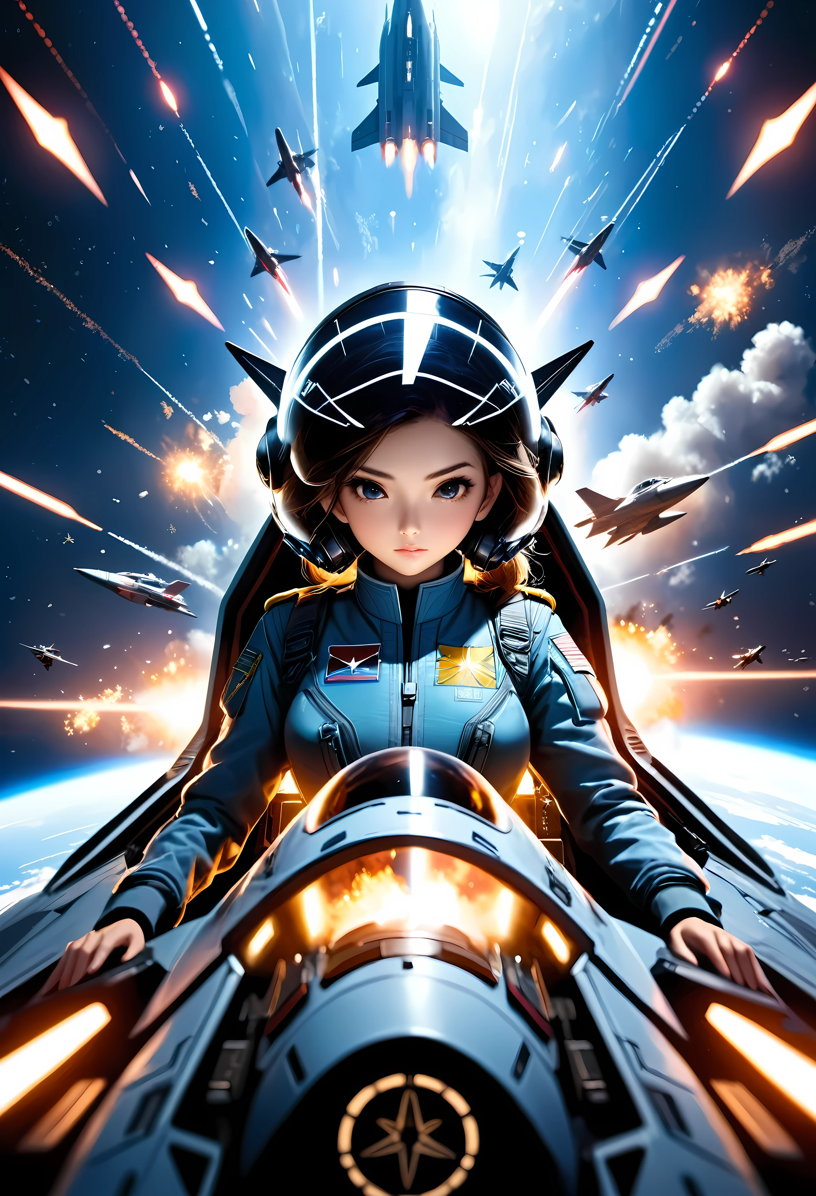 Create a detailed image of a female starfighter pilot in the cockpit of her starfighter, viewed from the front. She is under intense space battle, with explosions and enemy ships visible through the cockpit canopy. The pilot should be wearing a high-tech flight suit, complete with a sleek helmet that has a transparent visor, revealing her focused and determined expression. Her suit should have intricate details, including control interfaces, patches, and futuristic insignia. The cockpit should be filled with advanced controls, glowing holographic displays, and panels with various buttons and switches. The exterior view should show a chaotic space battle, with bright laser beams, explosions, and enemy ships flying in formation. The backdrop of space should be dark with distant stars, creating a high-contrast, dramatic scene. The lighting should emphasize the urgency and intensity of the battle, casting reflections on the pilot's helmet and the cockpit’s interior.