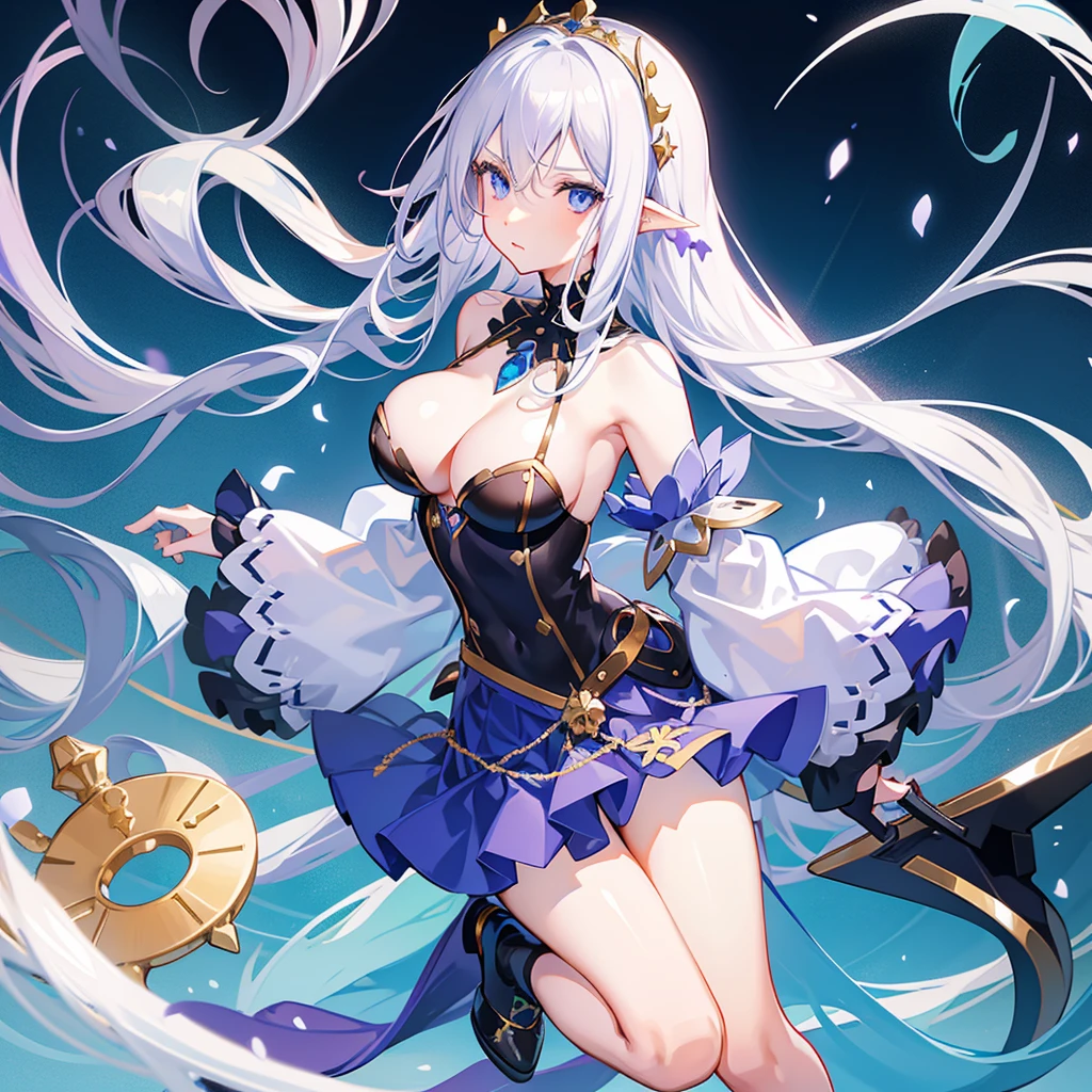 A young girl of 29 years, waist-length pearly white hair, blue eyes, white skin and beautiful features. Wear a necklace with purple stone, blue tendril with royal emblem of Secramise. Wear a black veil, mask, black and gold sleeveless short panties, long golden sleeves tied under the bust revealing cleavage. Complement with knee-high stockings, low-heeled shoes and Fairy Tail guild mark on the left chest.