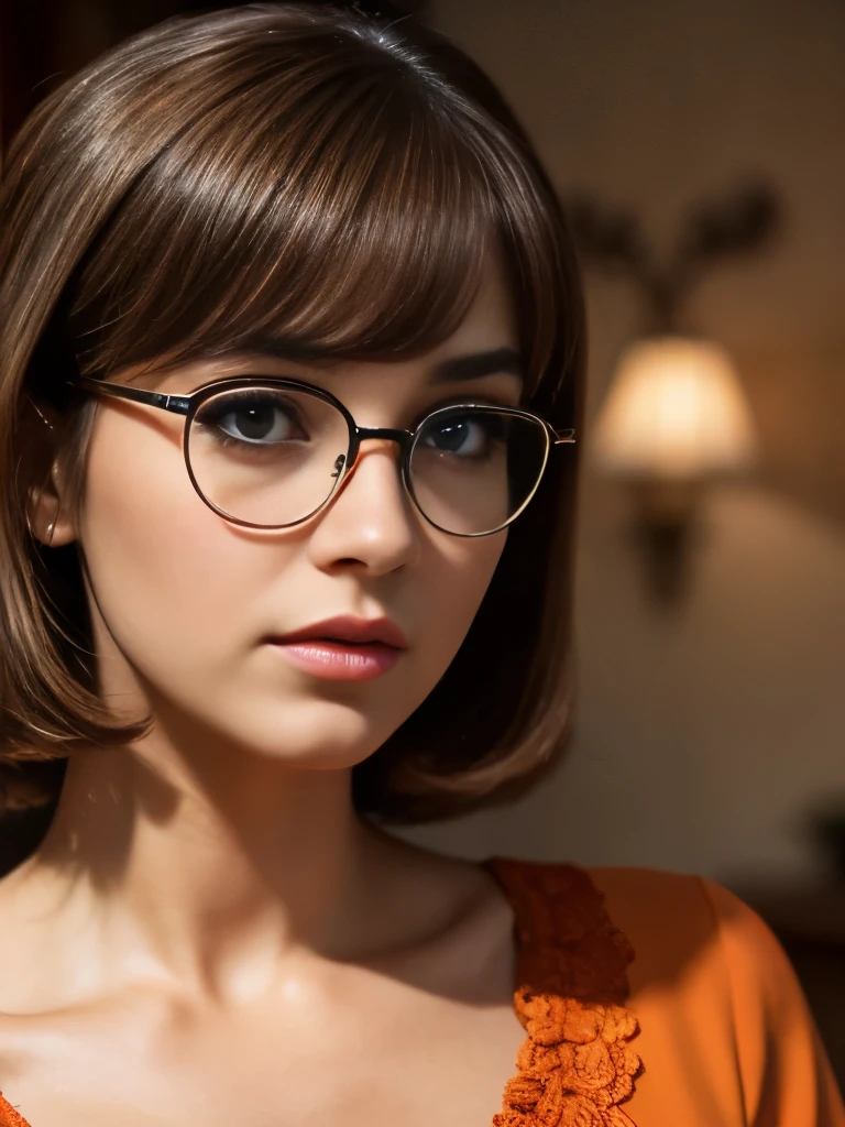 A stunning gorgeous woman. Age 23. in a 1960s style orange dress, Velma Dinkley, beautiful detailed eyes, beautiful detailed lips, extremely detailed face and expression, long eyelashes, round glasses, short brown hair, curious and intelligent expression, (best quality,4k,8k,highres,masterpiece:1.2),ultra-detailed,(realistic,photorealistic,photo-realistic:1.37),intricate details,vibrant colors,warm lighting,1960s fashion,Mystery Inc. cartoon style