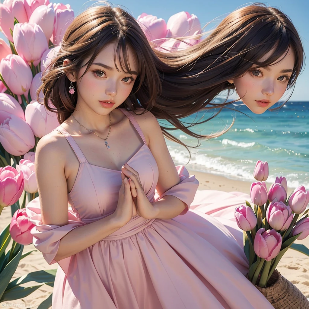 Create a profile picture of a Young Women wearing a pink beach dress she is holding a pink tulips with her both hands and her hair is brown and the background is beach theme wedding she is a bridesmaid