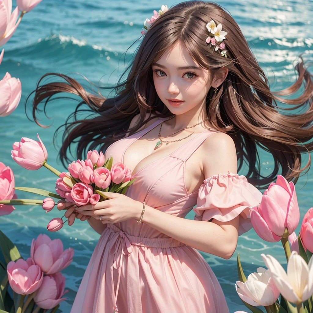 Create a profile picture of a Young Women wearing a pink beach dress she is holding a pink tulips with her both hands and her hair is brown and the background is beach theme wedding she is a bridesmaid