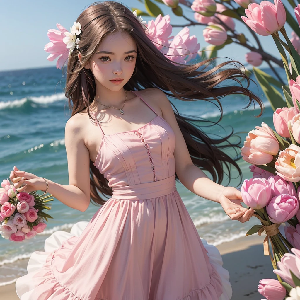 Create a profile picture of a Young Women wearing a pink beach dress she is holding a pink tulips with her both hands and her hair is brown and the background is beach theme wedding she is a bridesmaid
